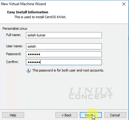 VMware username and password configuration screen