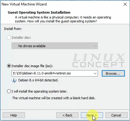 Linux Concept - VMware Debian VM installation media configured