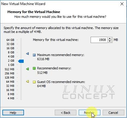 Linux Concept - VMware Debian VM RAM configuration screen