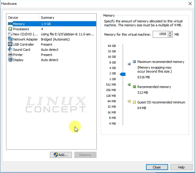 VMware Debian VM resource customization screen