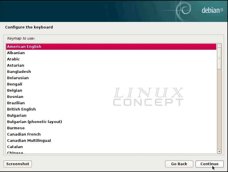 VMware Debian VM Keyboard configuration screen