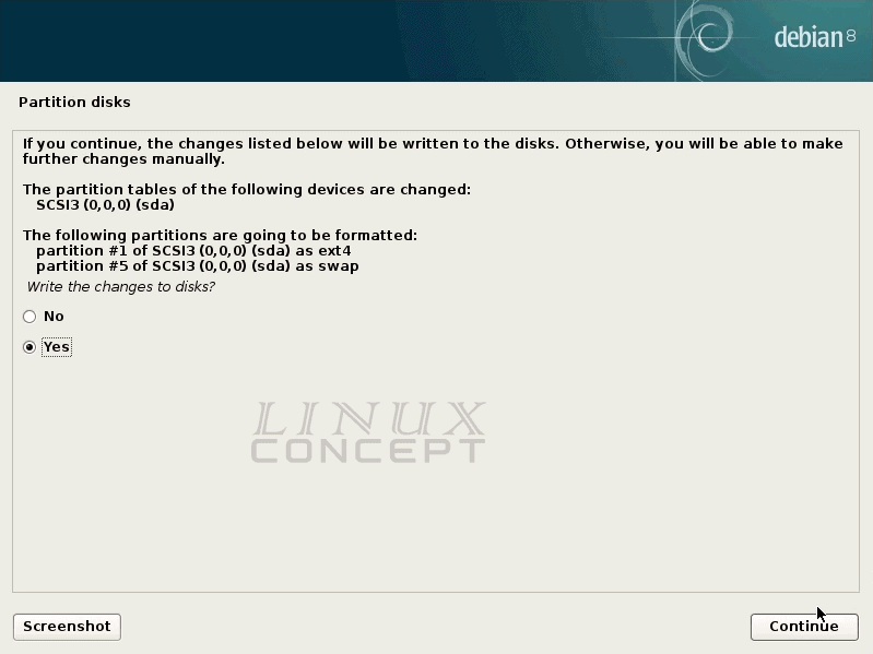 VMware Debian VM disk Partition confermation screen