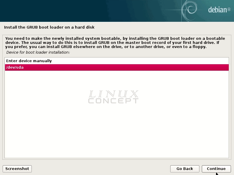 VMware Debian VM GRUB installation disk selection