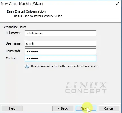 VMware username and password configuration screen