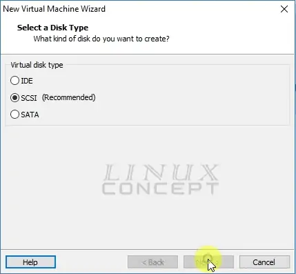 VMware centOS disk type configuration screen