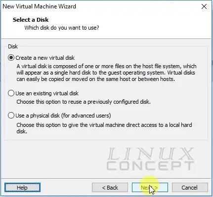 VMware CentOS virtual disk creation screen
