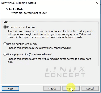 VMware Debian VM Disk type selection screen