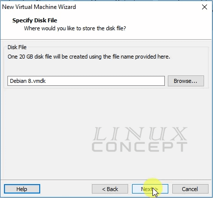 VMware Debian virtual disk name configuration screen