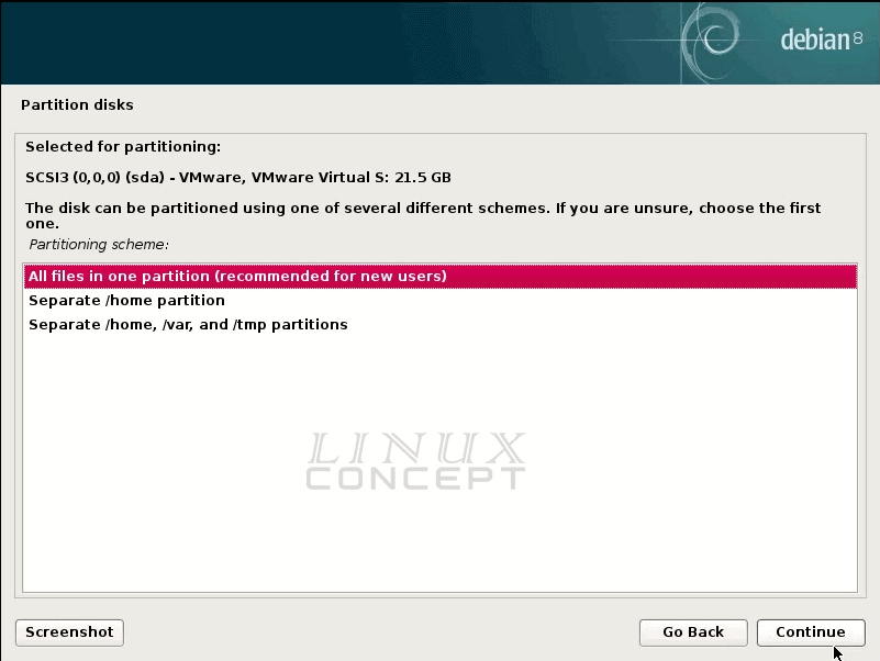 Linux Concept - VMware Debian VM choose disk for partition